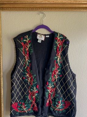 Vintage Tiara Black Sweater Vest with Red & Green Embroidered Trim Christmas 1x